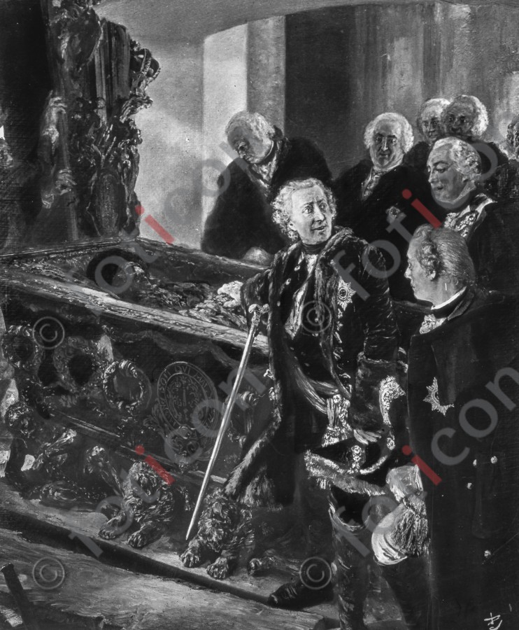 König Friedrich II. öffnet den Sarg des Großen Kurfürsten ; King Frederick II, opens the coffin of the Great Elector (foticon-simon-190-031-sw.jpg)